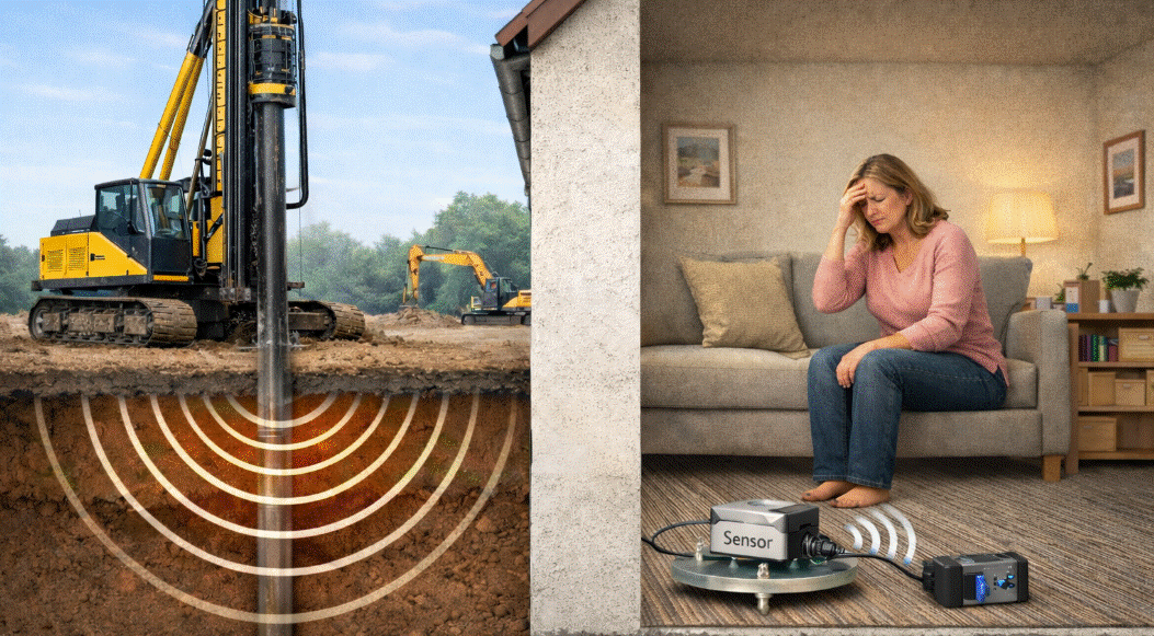 SBR-B trillingsmeting in een woning van heiwerkzaamheden - Bewijsrapportage Vrouw in een woning op een bank die hinder ervaart met op de voorgrond een trilsensor en de heistelling die een paal slaat.